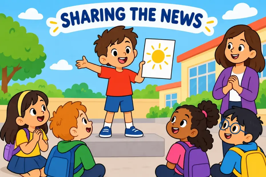 Cartoon children gather as a classmate reads a notice aloud, showing announcement in a sentence as public news.