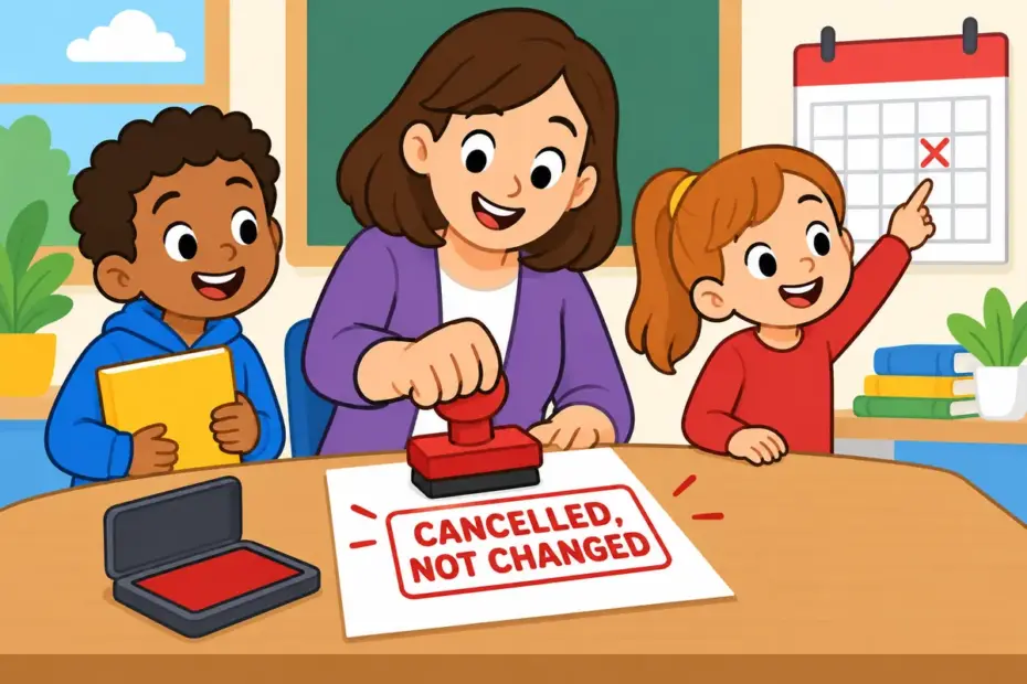 Cartoon children watch a teacher stamp a cancelled permit at a desk, showing annul in a sentence as an official cancellation.