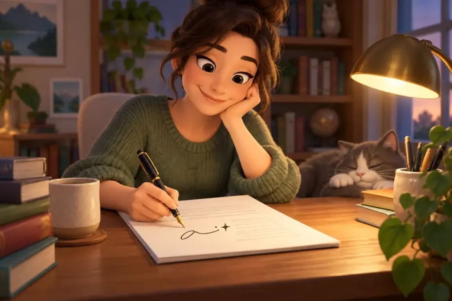 A writer signs a manuscript with a made-up pen name.
