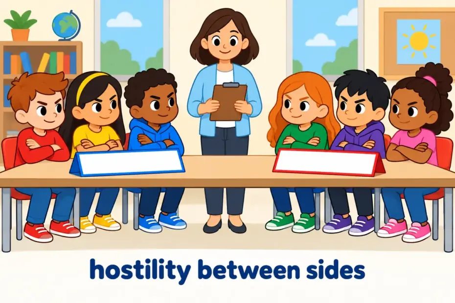 Cartoon pupils from two clubs face each other across a table, illustrating antagonism in a sentence as open hostility between groups.