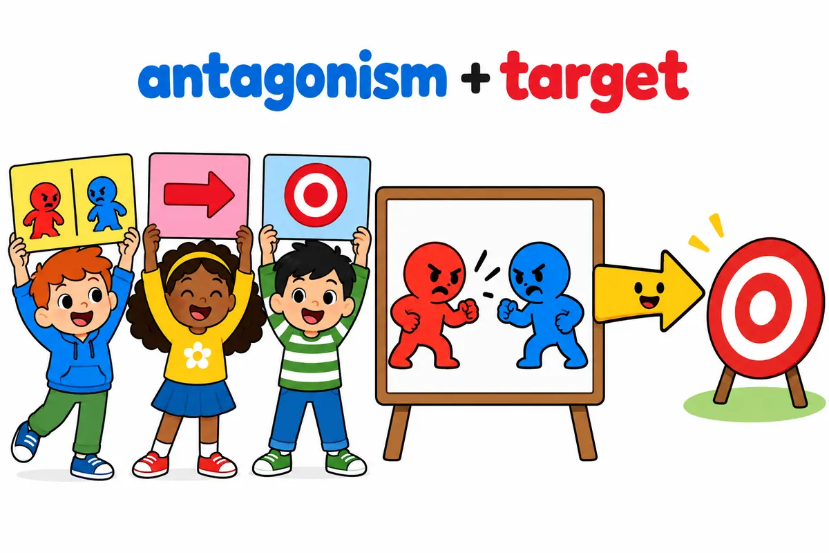 Three cartoon pupils hold cards labelled with a possessive, between and toward to show how antagonism takes a target.