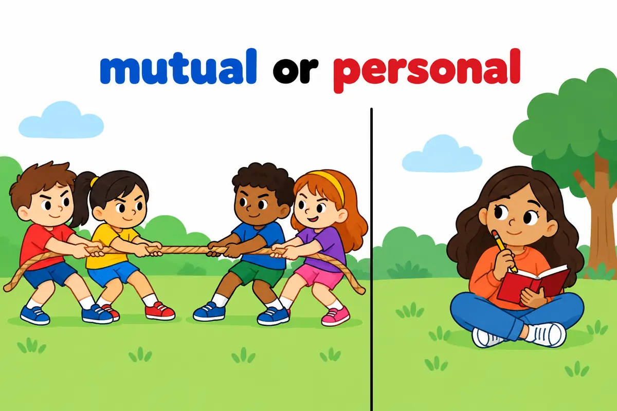 A cartoon split scene contrasts two groups locked in mutual opposition with one scowling child nursing a private grudge.