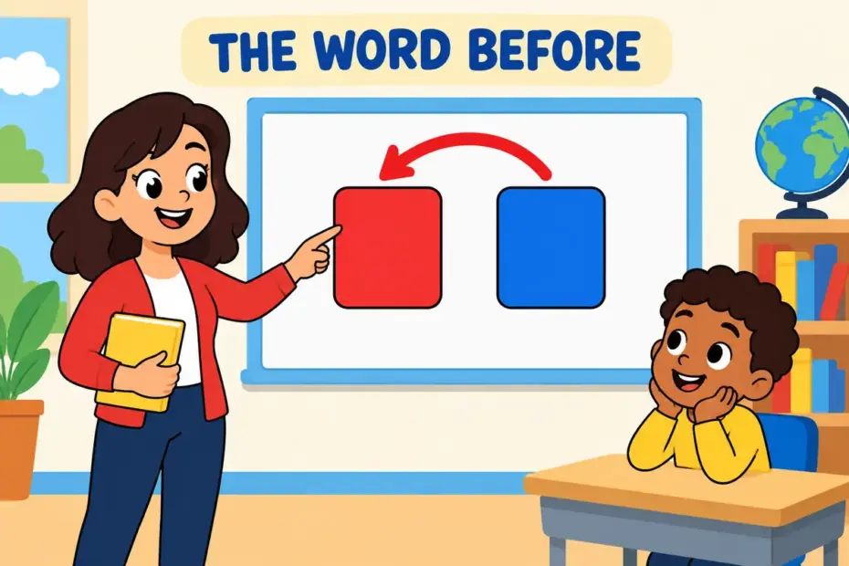 A cartoon teacher points from a pronoun arrow back to an earlier noun card, showing antecedent in a sentence as the word before.