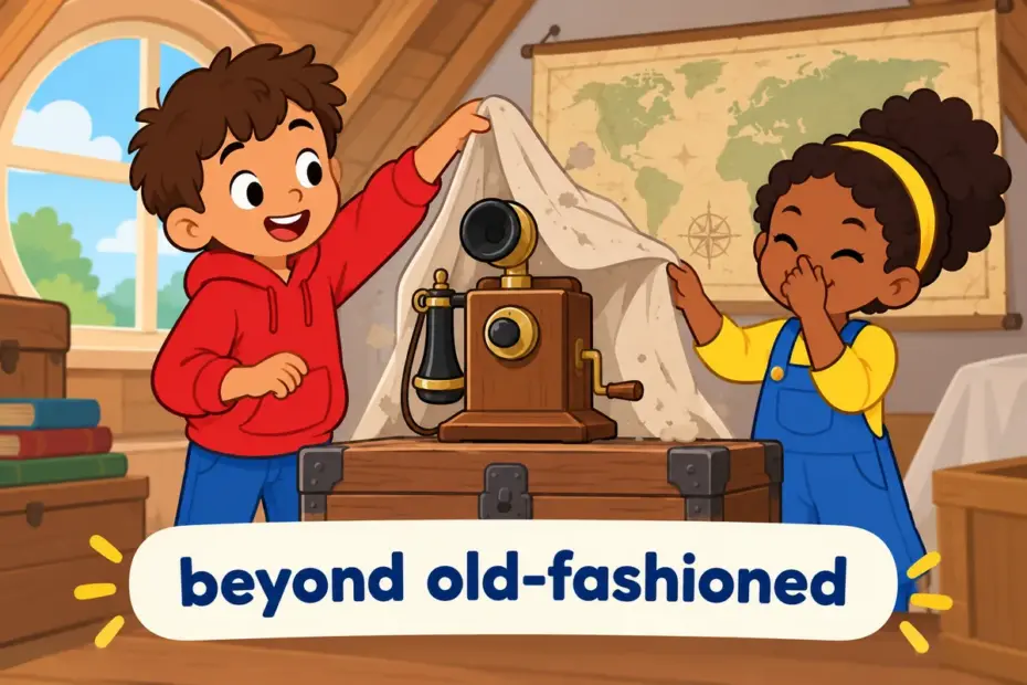 Cartoon children inspect a dusty crank telephone and an old map, illustrating antediluvian in a sentence as wildly out of date.