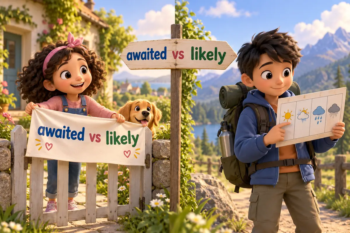 Cartoon children show anticipated vs expected: one waits at a gate with a prepared banner while another checks a forecast chart.
