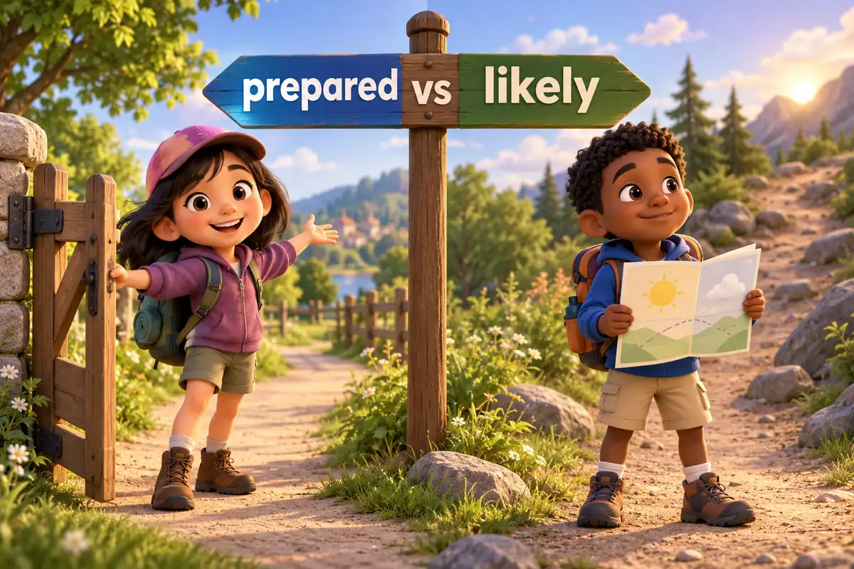 Two cartoon children, one waiting by a gate with a prepared sign and the other checking a weather chart before a walk.
