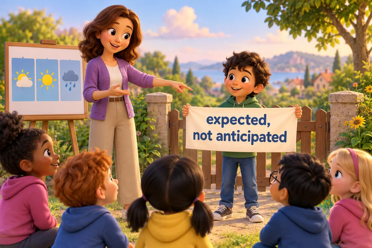 A cartoon teacher points from a forecast chart towards a child who holds a prepared banner beside a gate.
