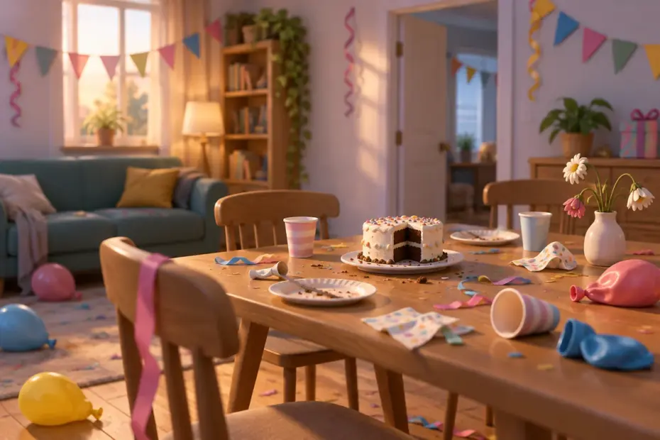 A quiet birthday table holds a tiny cake after a decorated party.