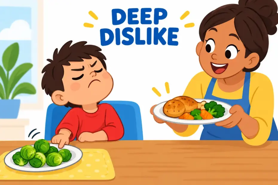 A cartoon child turns away from a plate of sprouts with a firm frown, showing antipathy in a sentence as settled dislike.