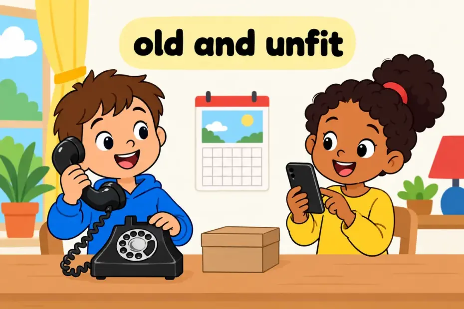 Cartoon children compare an antiquated wind-up telephone with a slim modern phone, showing the word in a sentence.