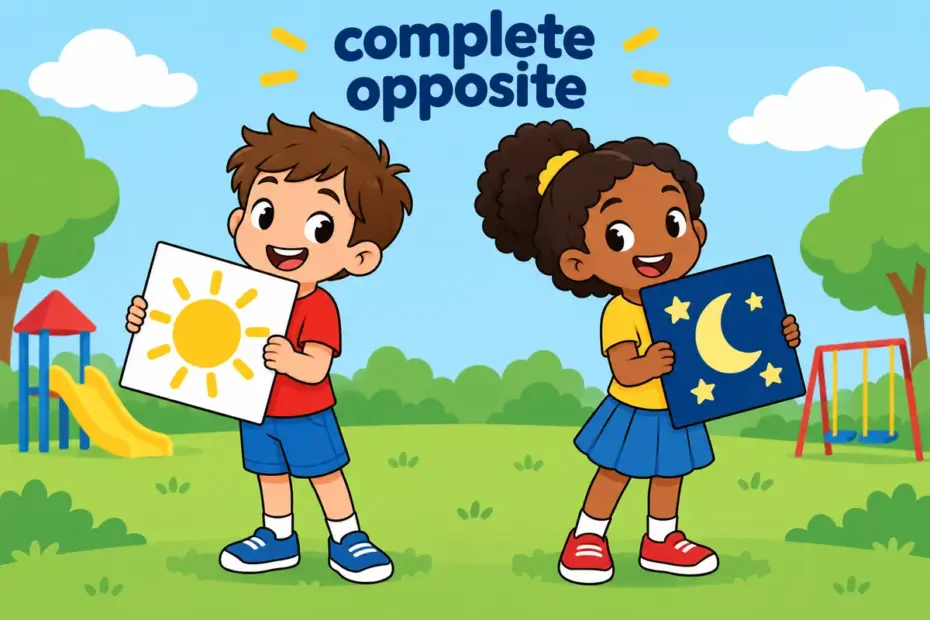 Cartoon children hold two signs, one showing night and one showing day, teaching antithesis in a sentence.