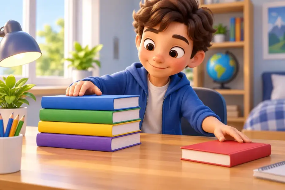 A student sorts books into a main stack and a small separate group to show an exception.