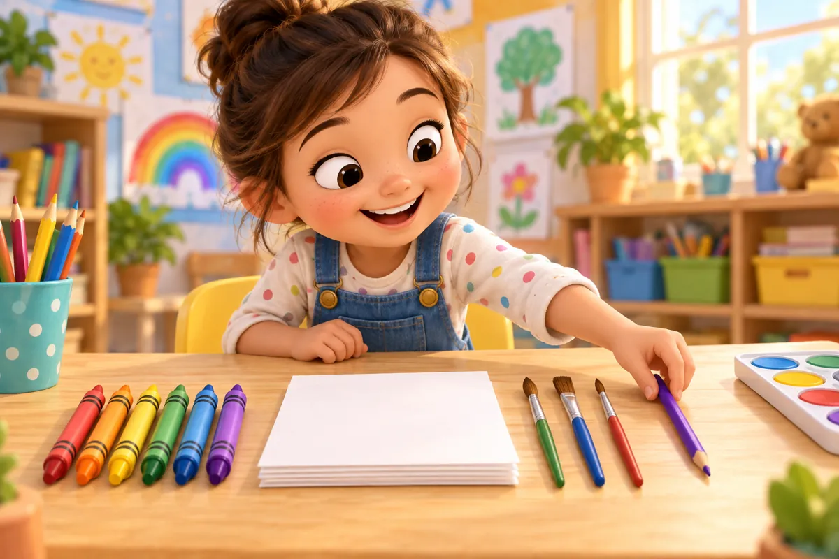 A child adds a colored pencil beside a grouped set of art supplies.