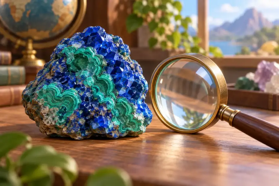A blue-green mineral specimen rests beside a magnifying glass.