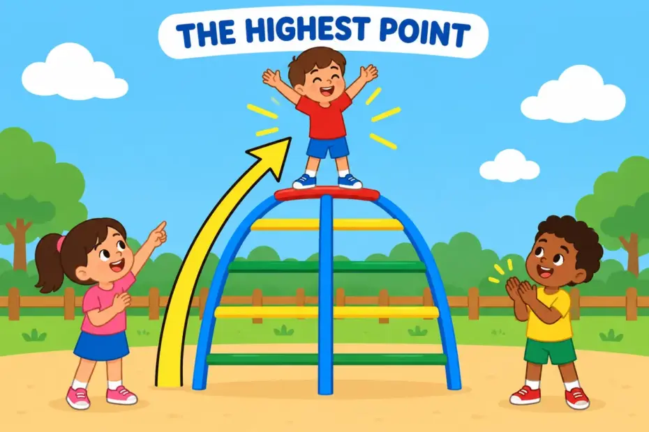 Cartoon children build a block pyramid and point to the top, showing apex in a sentence as the highest point.
