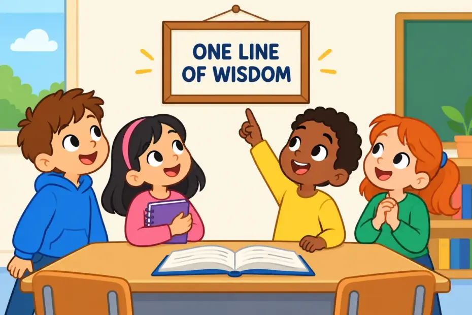 Cartoon children gather around a single framed sentence on a classroom wall, showing aphorism in a sentence as a short piece of wisdom.
