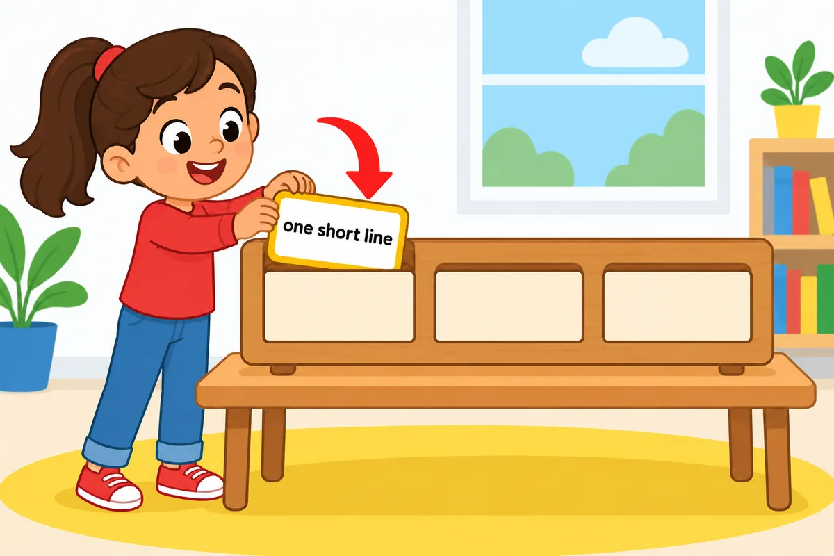 A cartoon child frames a single short sentence on a card and rests it on a sentence board as the subject.