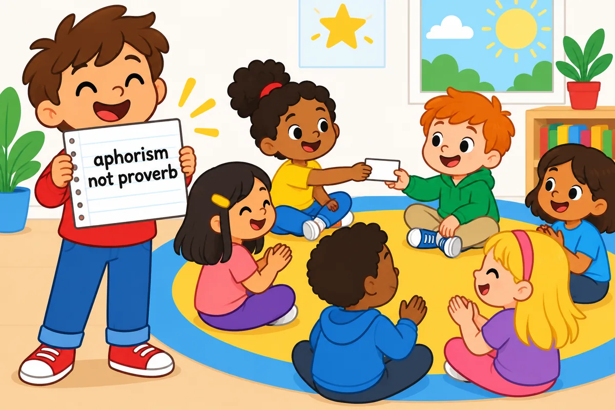 A single cartoon scene contrasts a child holding a signed notebook page with a crowd passing a saying hand to hand.