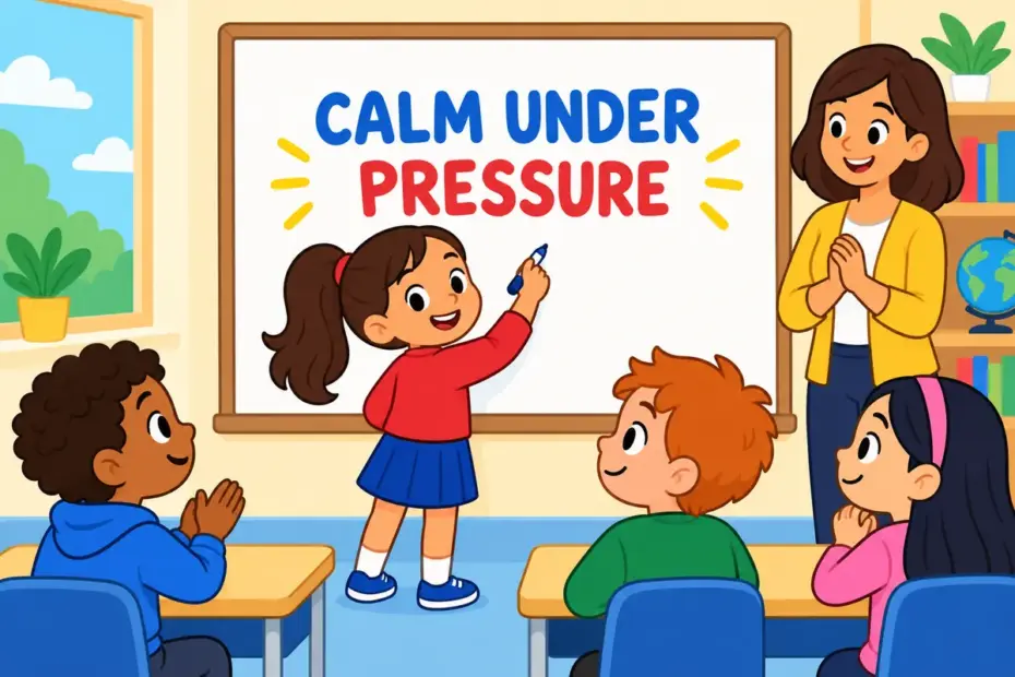 A cartoon pupil answers at the board while classmates watch, showing aplomb in a sentence as calm confidence.