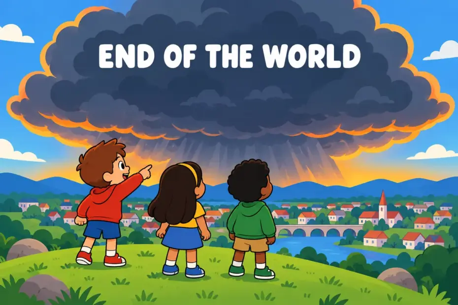 Cartoon children watch a huge painted storm cloud over a town, showing apocalyptic in a sentence as world-ending scale.