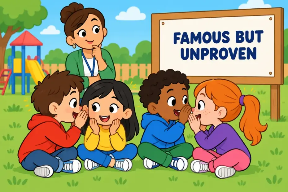 Cartoon pupils whisper a tall tale around a circle, illustrating apocryphal in a sentence as an unverified story.