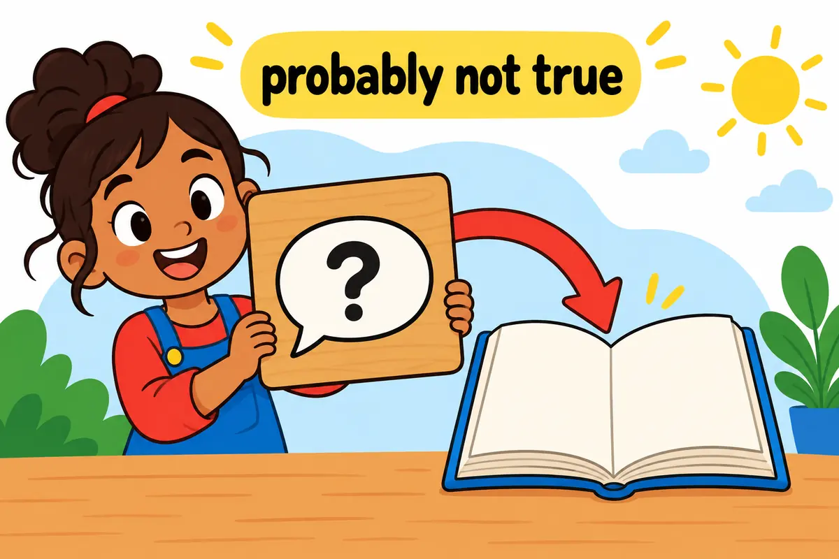 A cartoon arrow points from the adjective apocryphal to a floating speech bubble marked with a question mark.
