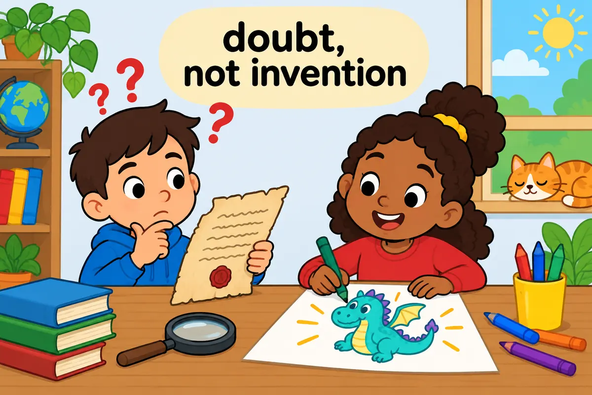A single unified cartoon scene contrasts a question-marked old letter with an artist drawing a made-up character.