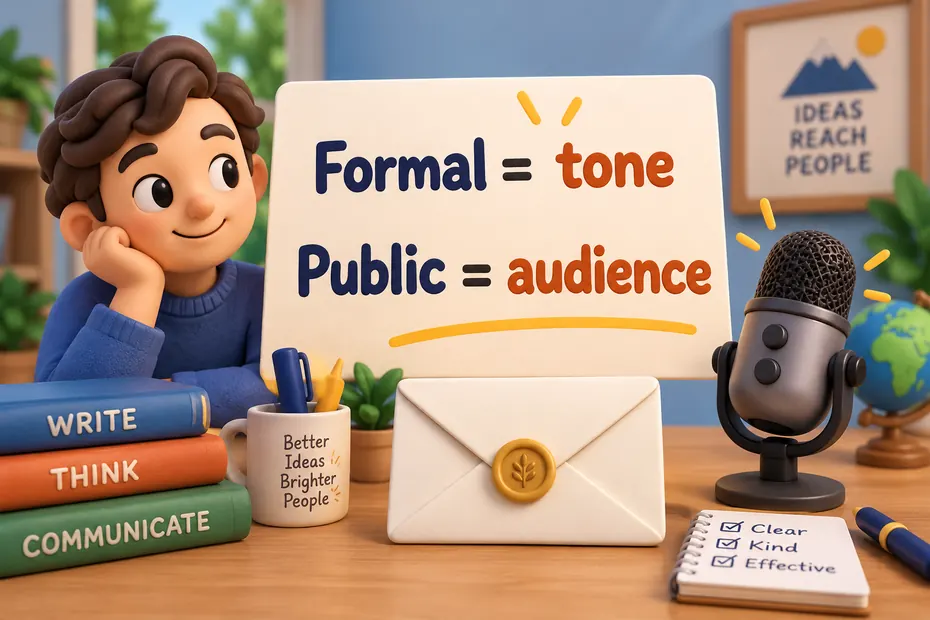Formal describes tone; public describes audience.