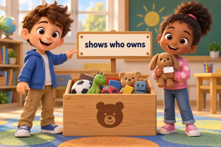 Cartoon children label a shared toy, showing apostrophe rules in English for a single owner and for several owners.