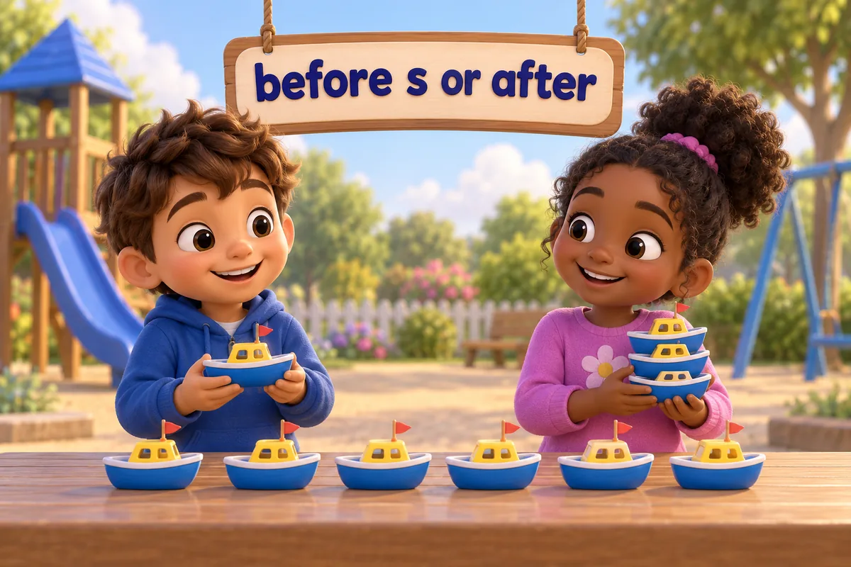Two cartoon children share toys, one with an apostrophe before the s and one with it after the s.
