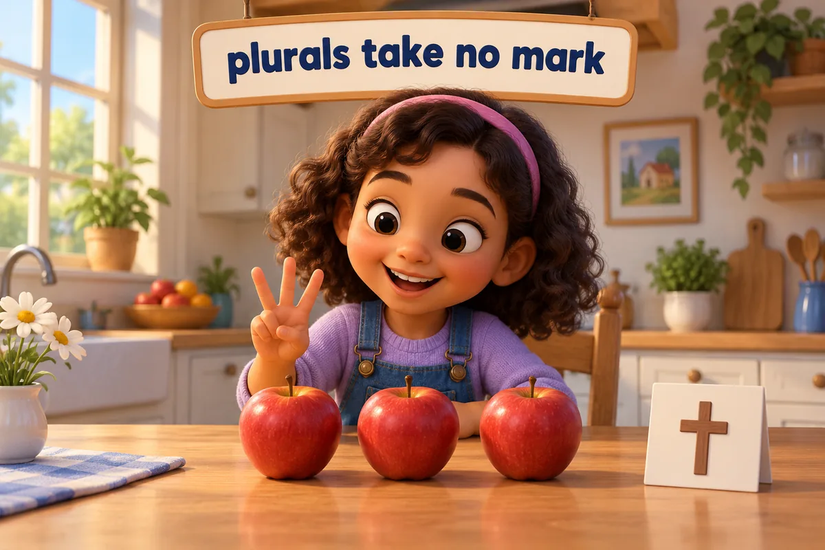 A cartoon child counts three apples on a table beside a crossed-out apostrophe card.