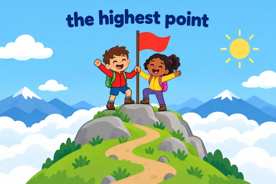 Cartoon climbers plant a small flag on a rounded summit, illustrating apotheosis in a sentence as the highest point of a climb.