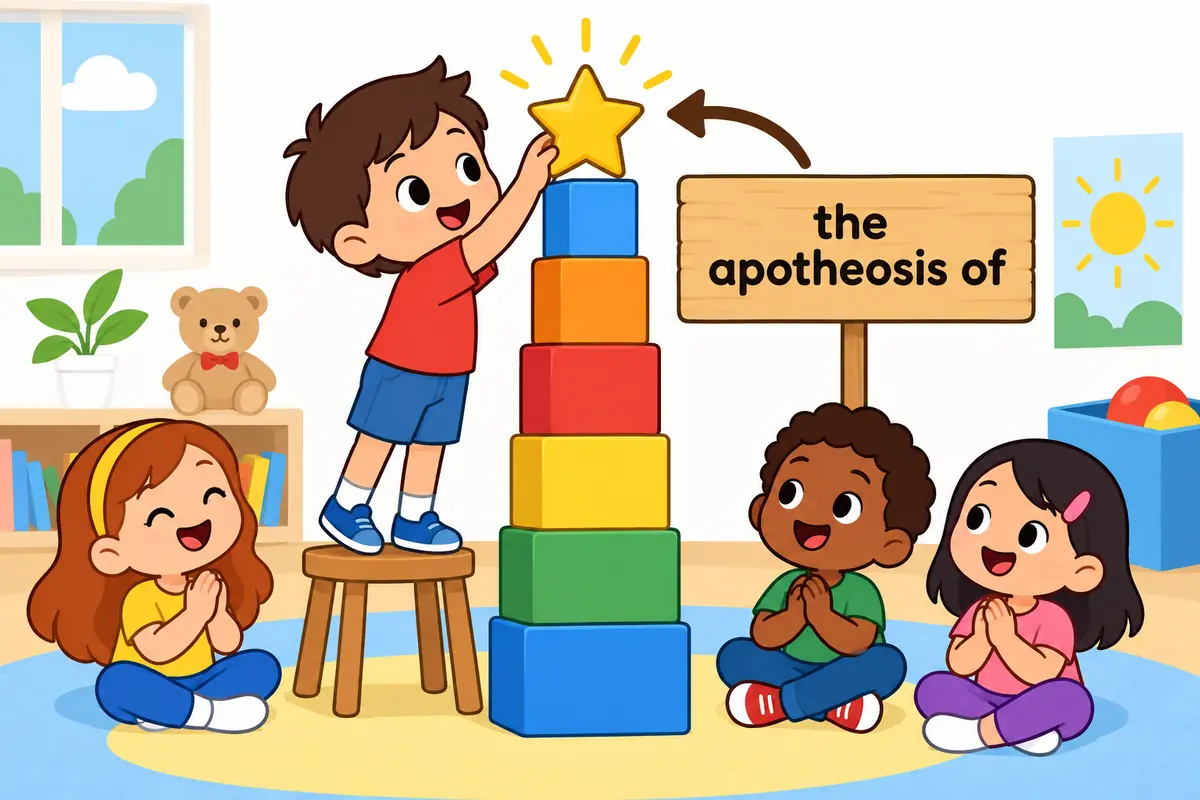 A cartoon child places a star at the top of a tall stack of blocks beside a sign bearing the fixed phrase.