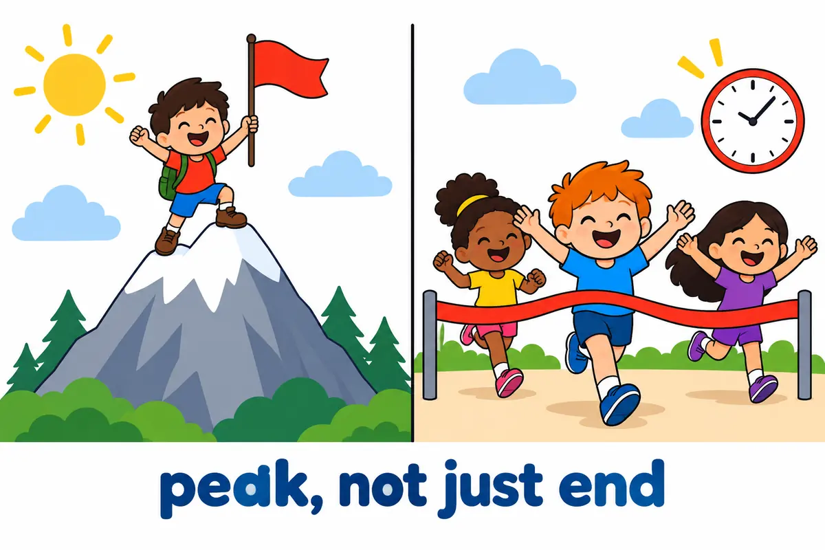 A cartoon split scene contrasts a mountain summit with a finish-line ribbon stretched across flat ground.