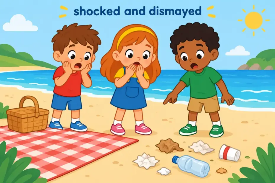 Cartoon children stare with dismay at a littered beach, illustrating appall in a sentence as deep moral shock.