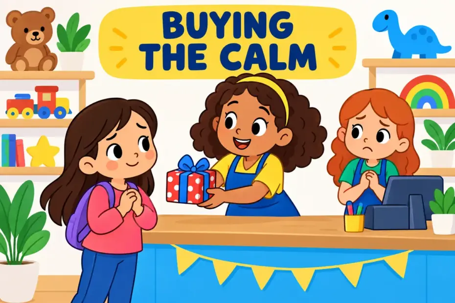 Cartoon shopkeeper offers a small gift to a frowning customer, showing appease in a sentence as calming someone with a concession.