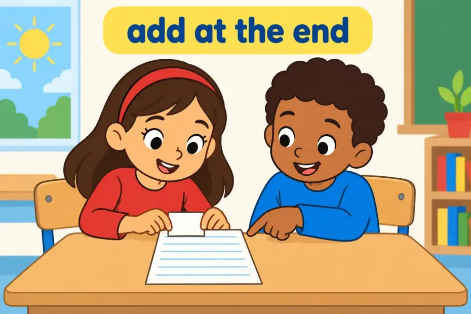 Cartoon child adds a note to the bottom of a lined page, showing append in a sentence as adding at the end.