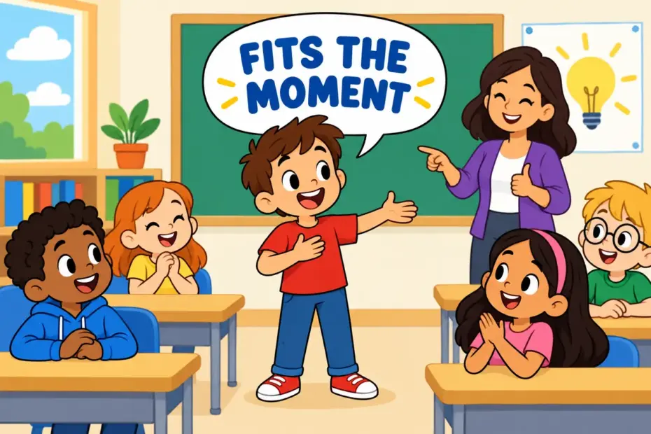 A cartoon pupil offers the perfect comment during a class debate, showing apposite in a sentence as a fitting remark.