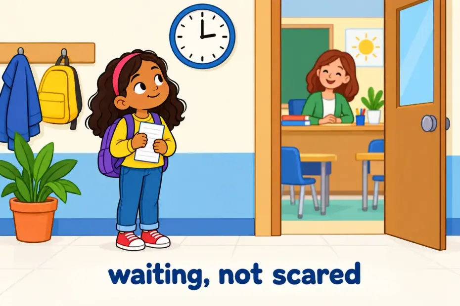 Cartoon pupil waits by a classroom door holding a spelling list, showing apprehensive in a sentence as mild worry about a coming test.