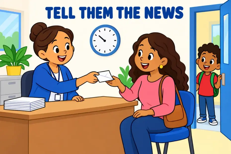 Cartoon helper hands a note to a seated parent, illustrating apprise in a sentence as formally passing on news.