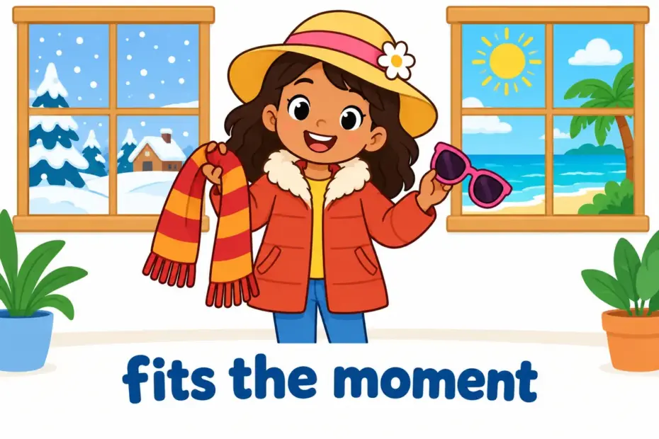 Cartoon children in warm coats and sun hats show how appropriate in a sentence depends on the weather.