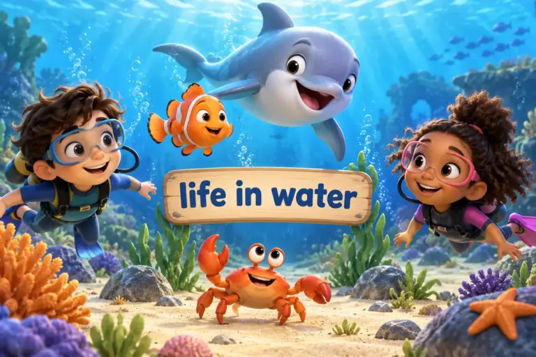 Cartoon sea creatures, a fish, a dolphin and a crab, swim and crawl in blue water, showing aquatic animals names.