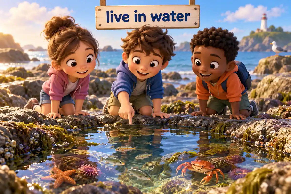 A cartoon child kneels by a rock pool pointing at fish and a crab in the water.