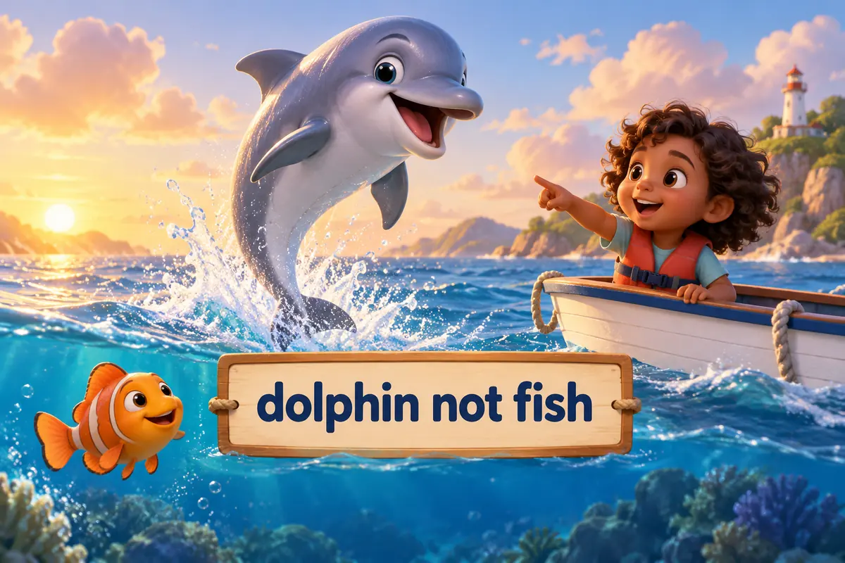 A cartoon dolphin leaps beside a fish while a child points at the dolphin, comparing them.