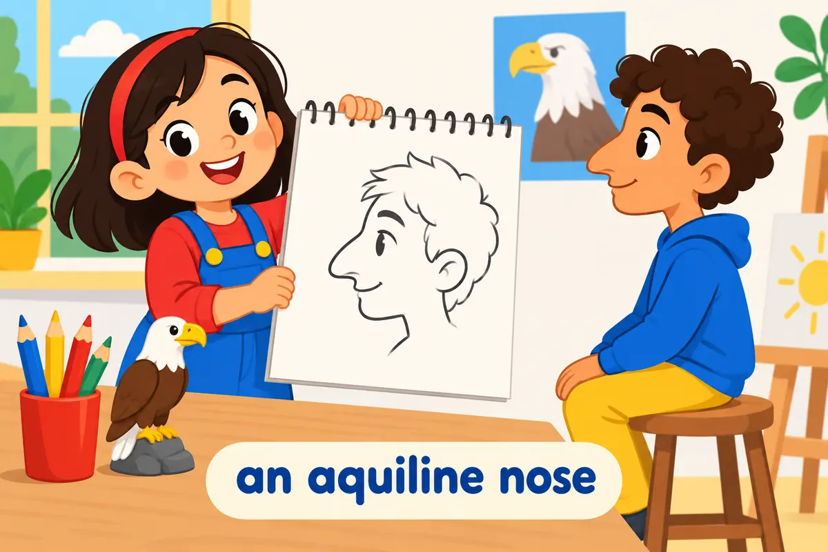 A cartoon child sketches a friend in profile, drawing a curved eagle-like nose on a large pad.