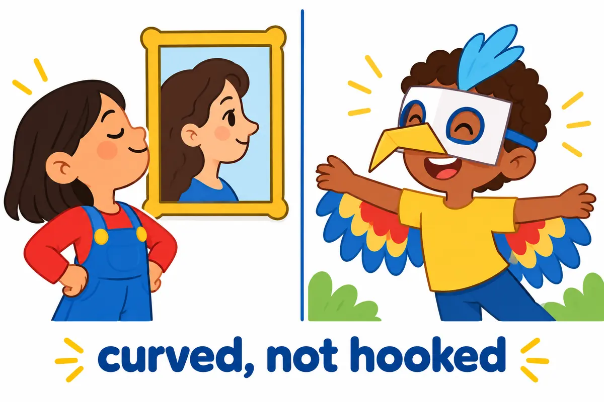A cartoon split scene contrasts a noble profile with a curved nose against a mask with a sharply bent beak.