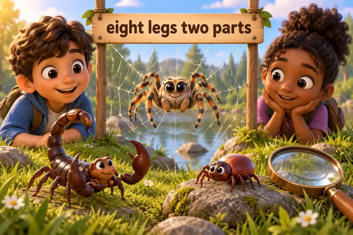 Cartoon spiders, a scorpion and a tick sit together with eight legs each, showing arachnids names in English.