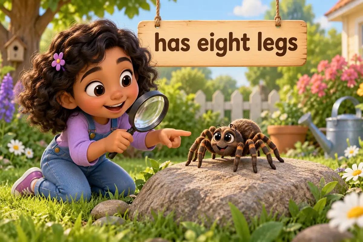 A cartoon child points with a magnifying glass at a spider with eight visible legs.