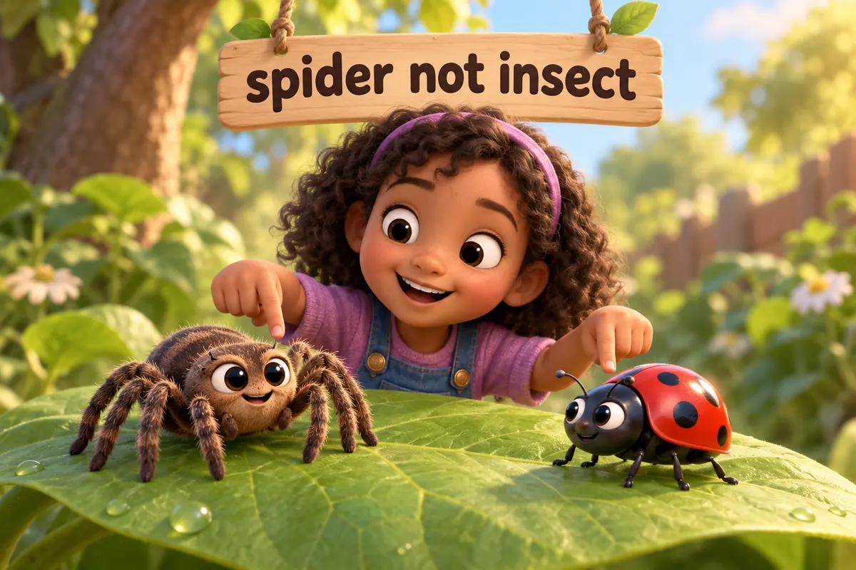 A cartoon spider with eight legs and an insect with six legs stand side by side, a child comparing.