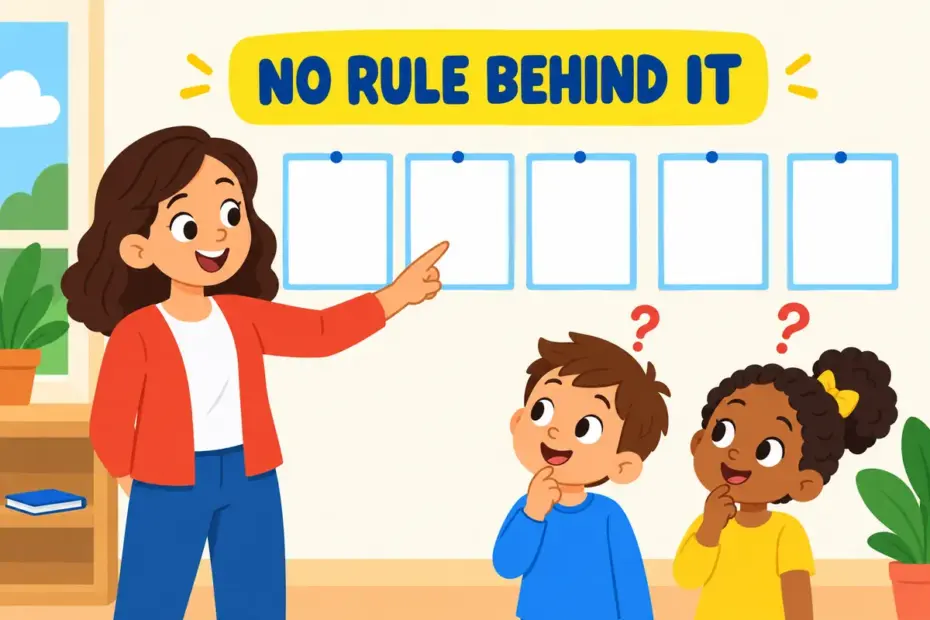 A cartoon official picks one item from a row at random, showing arbitrary in a sentence as a choice without a rule.